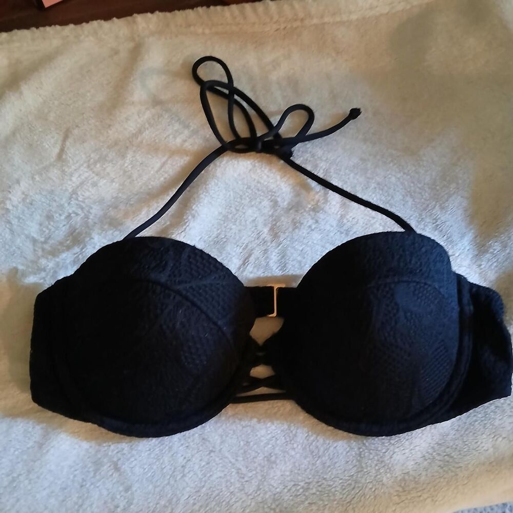 Victoria's Secret Black Textured Mesh Halter Strapless Bandeau Bikini Top 34C